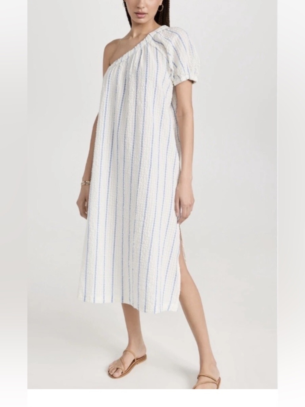 Madewell Women's Seersucker One Shoulder Midi Dress Puff Sleeve NWT size XXS